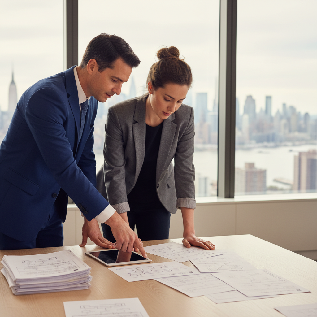 MSP consultant and compliance officer reviewing security documents at a conference table with Manhattan skyline outside
