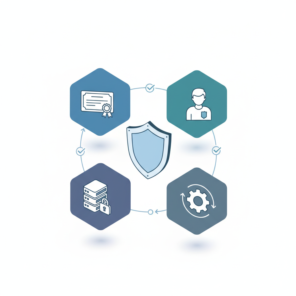 Isometric diagram of four security pillars linked to a central shield, explanatory MSP assessment checklist graphic