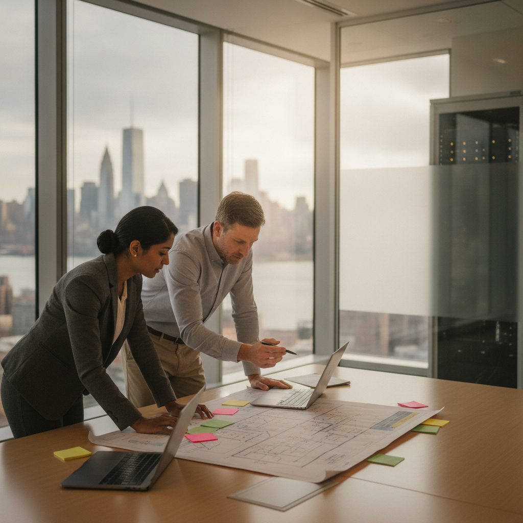 Two IT specialists reviewing a network integration checklist at a conference table with NYC skyline outside