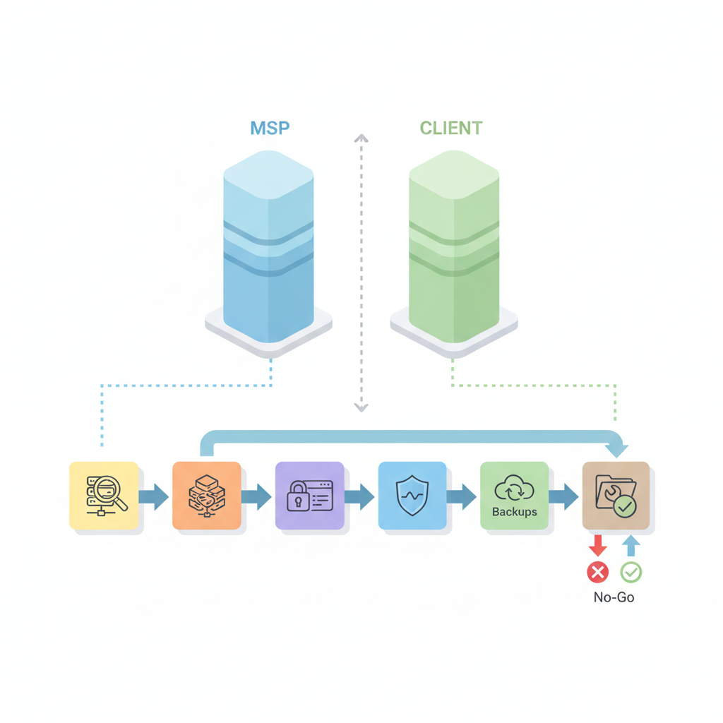Isometric diagram showing co-managed IT integration flow with icons for discovery, access, SIEM, backups, testing
