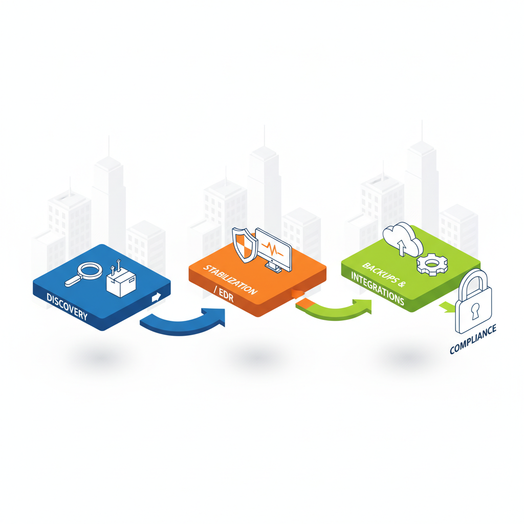 Isometric diagram of a three-phase co-managed IT timeline with icons for discovery, stabilization, integrations