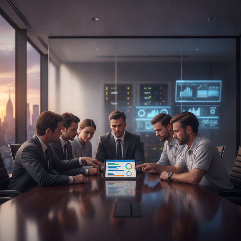 Two IT teams review a tablet compliance scorecard at a glass conference table with servers and NYC skyline visible.
