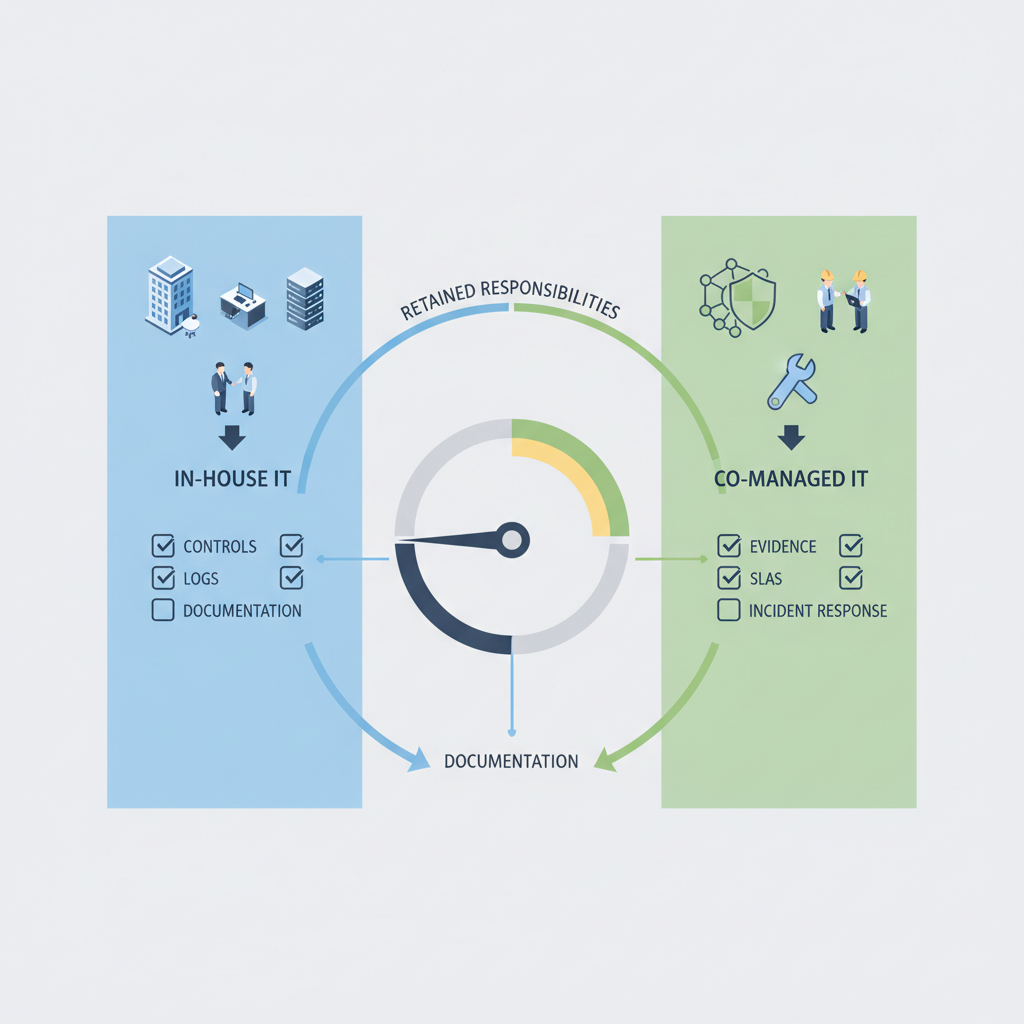 Isometric diagram comparing in-house versus co‑managed IT responsibilities with icons for controls, logs and incident