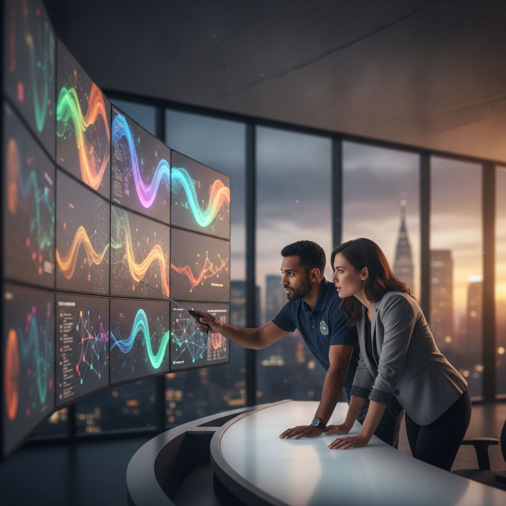 Two cybersecurity professionals—MSP and in-house—collaborating at monitors with abstract SIEM/EDR visualizations, NY/NJ