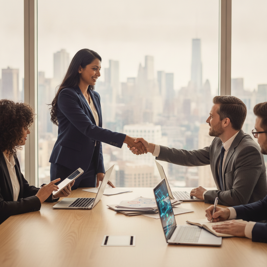 Two IT professionals shaking hands across a conference table with laptops and city skyline, onboarding a vendor.