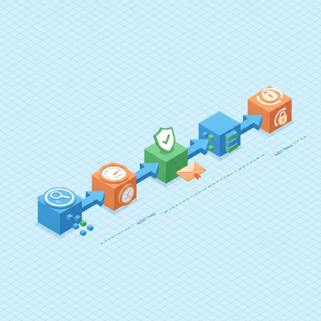 Isometric diagram showing a color-coded vendor onboarding flow with icons for assessment, risk, compliance, servers