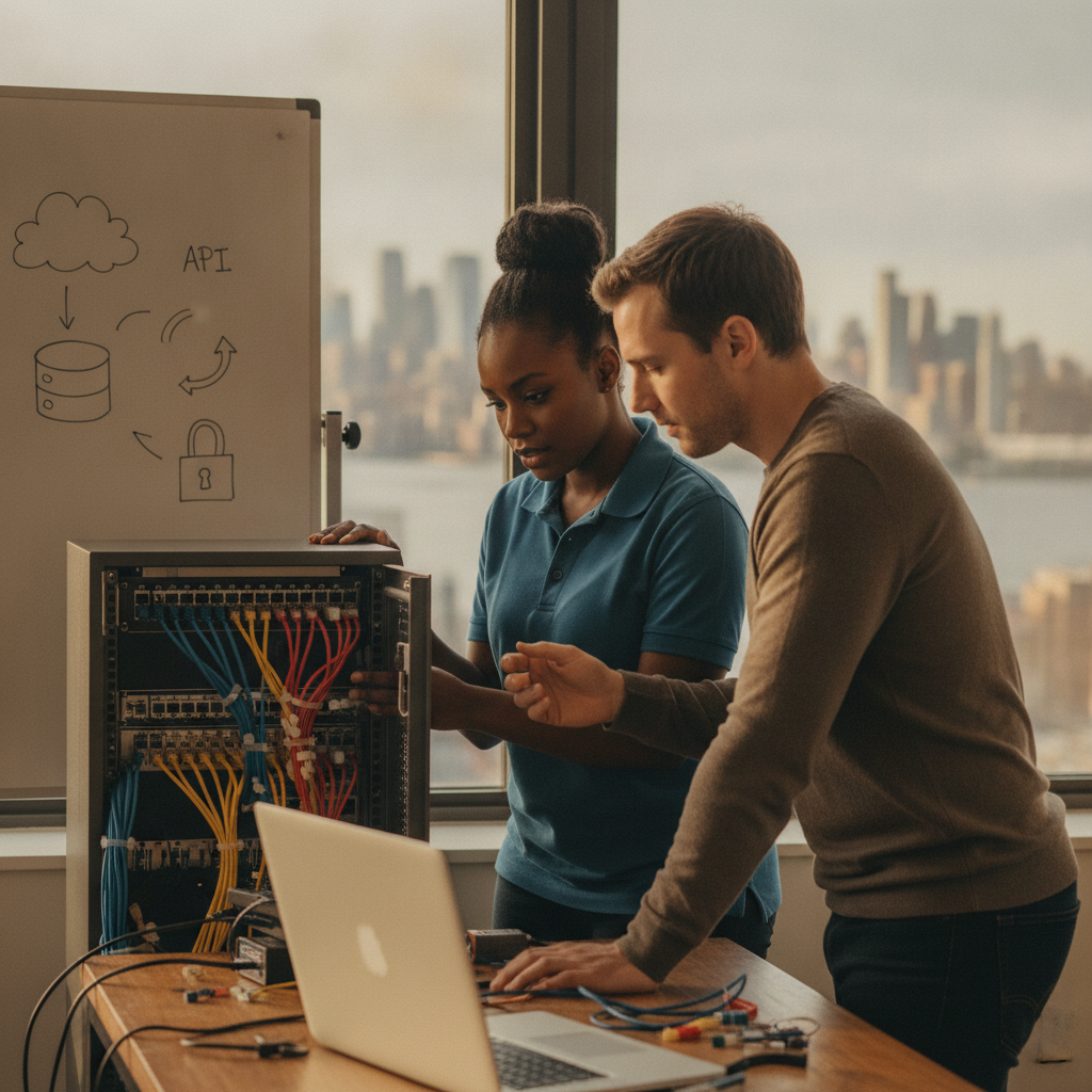 Two IT technicians troubleshoot an open network rack and laptop in a small NJ/NY office with skyline visible.