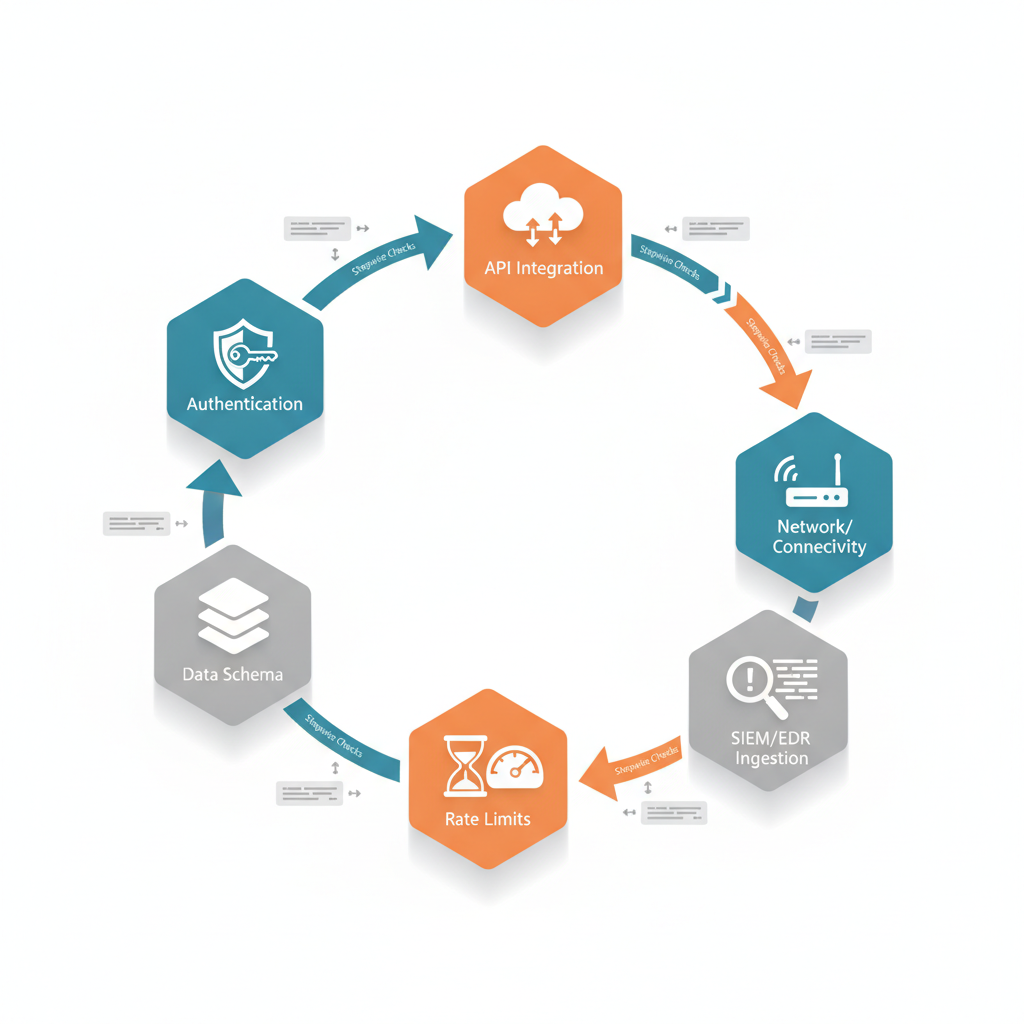 Isometric diagram illustrating a clockwise triage flow with icons for auth, API, data schema, network, rate limits, SIEM