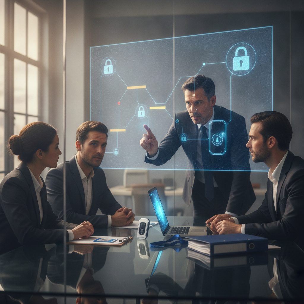 Security team reviewing holographic network segmentation overlays in a conference room, planning zero trust implementation