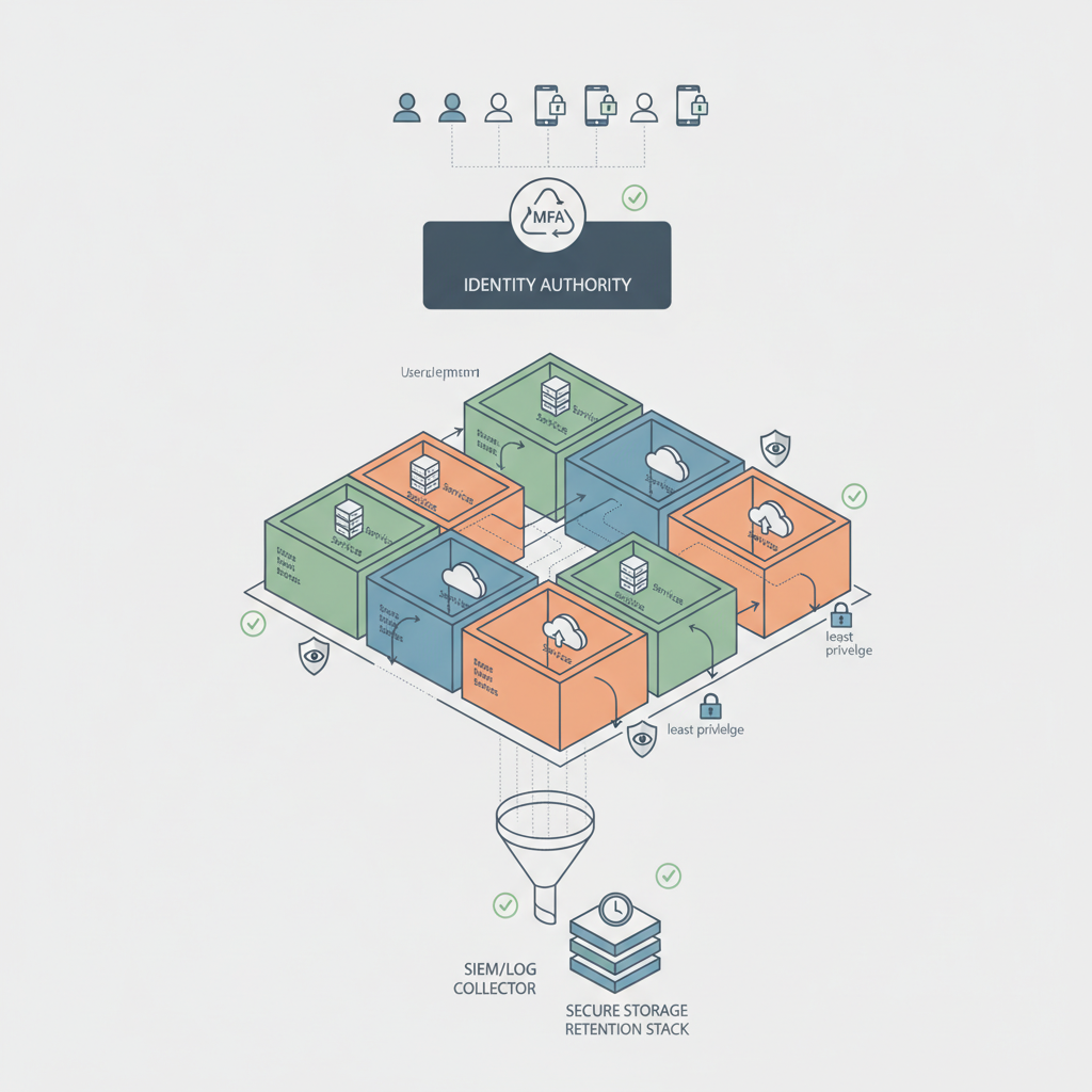 Isometric diagram of layered zero trust architecture showing MFA, segmentation, EDR and SIEM log flows for a compliance