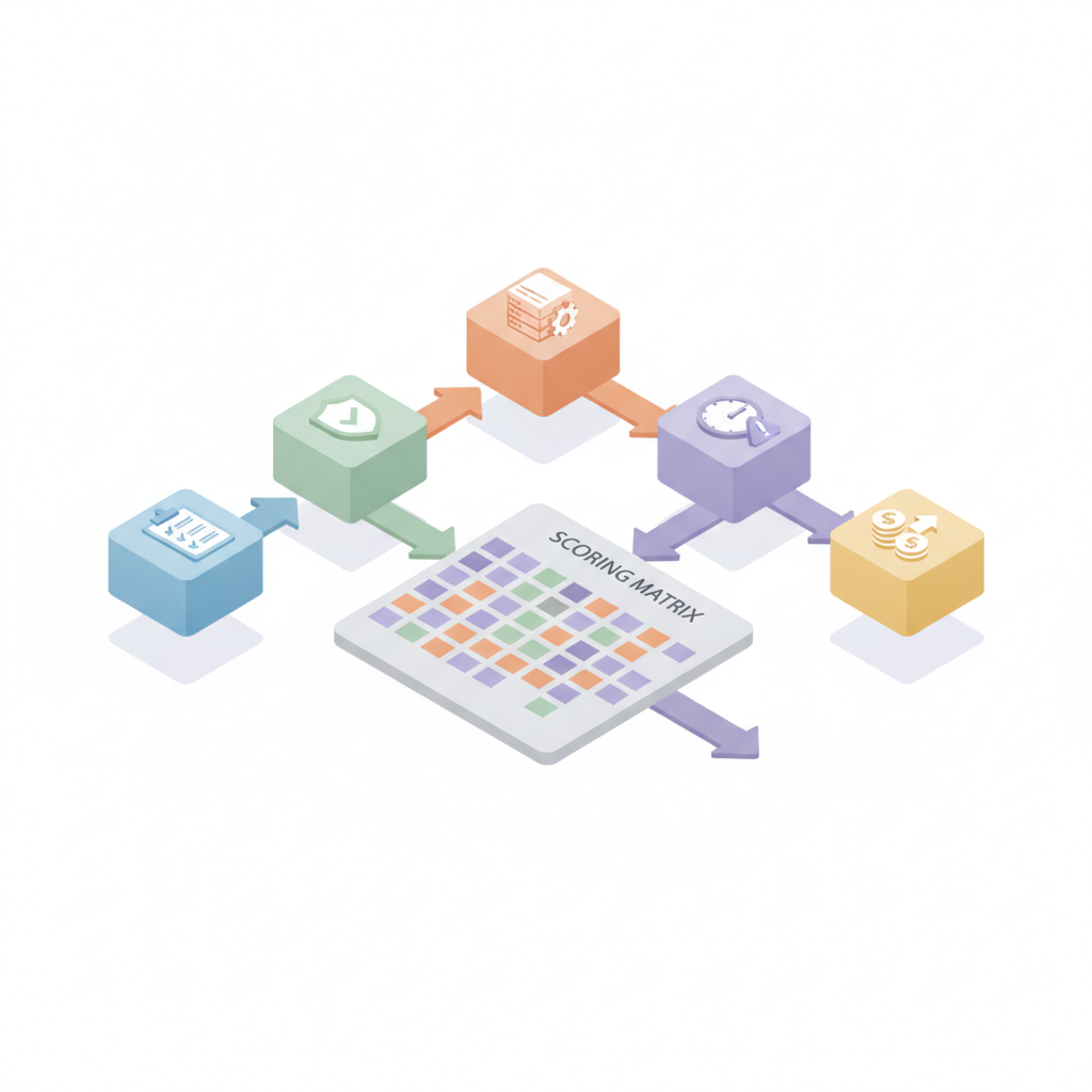 Isometric explanatory diagram showing stepwise MSSP RFP evaluation with icons for scope, compliance, tech, SLAs, ROI.