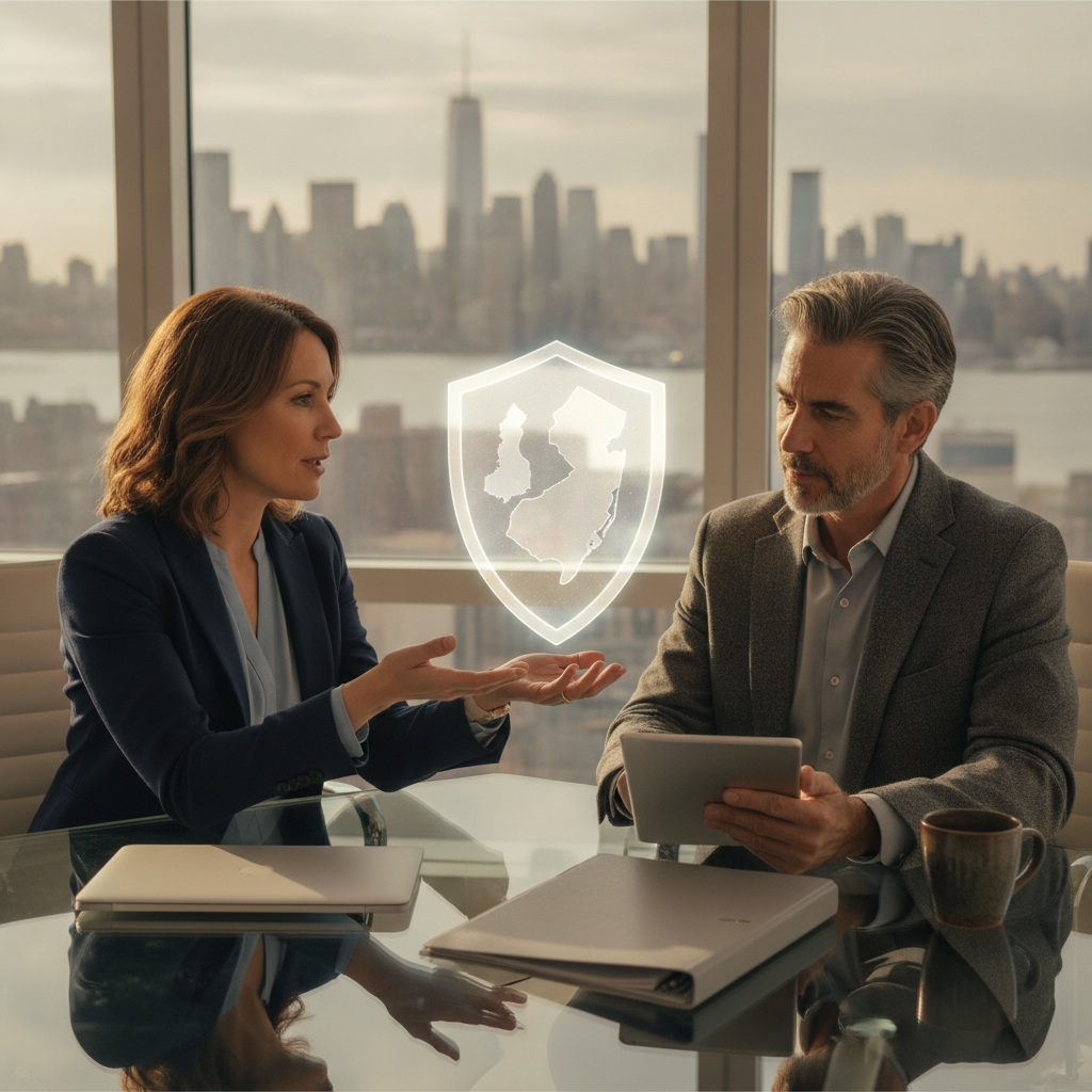 Two consultants review a holographic security shield over a conference table with Manhattan skyline visible outside