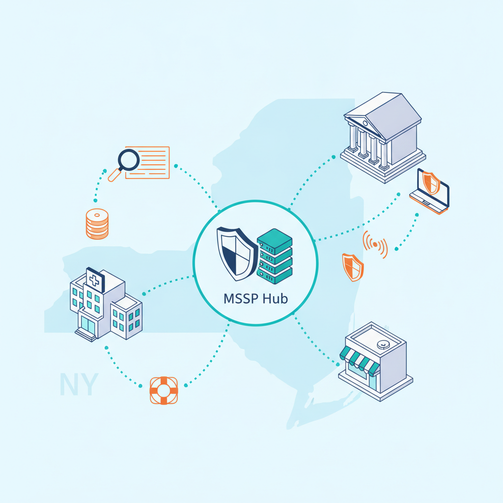 Isometric diagram showing an MSSP shield linking hospital, bank, and storefront icons over NY and NJ map outlines