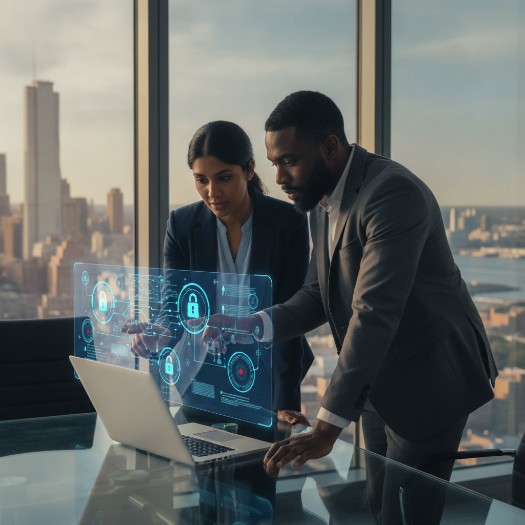 Two cybersecurity professionals pointing at a holographic network map in an office with NY and NJ skyline visible