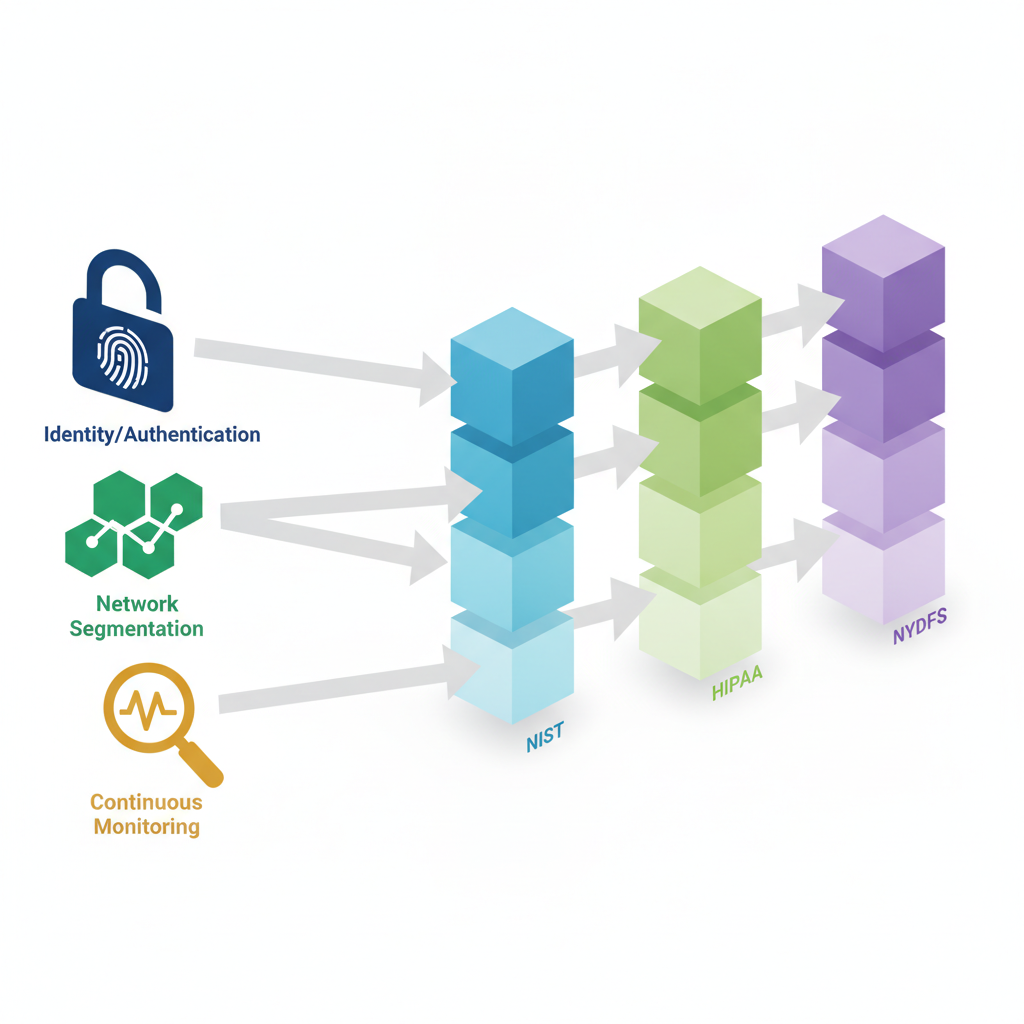 Isometric diagram of color-coded icons with arrows mapping zero trust controls to three compliance stacks for NY/NJ firms