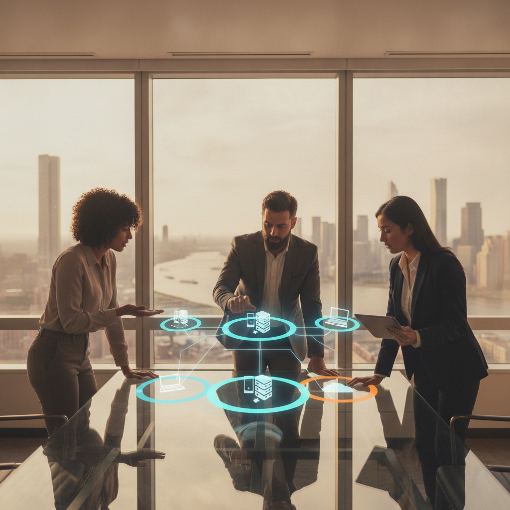 Diverse IT team pointing at translucent colored network zones hovering over a table in a modern office by a river skyline