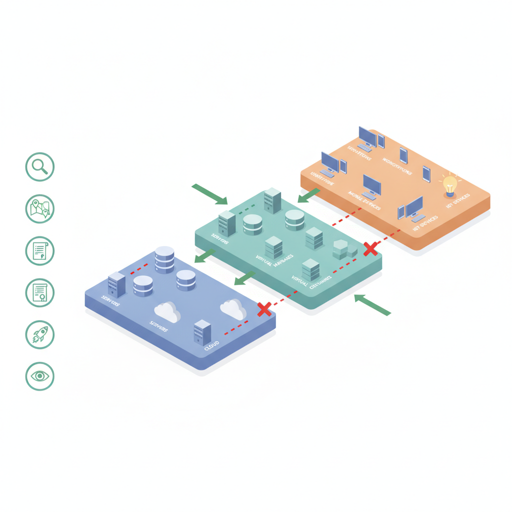 Isometric diagram of color-coded network zones with icons and arrows showing allowed and blocked flows for microsegmentation