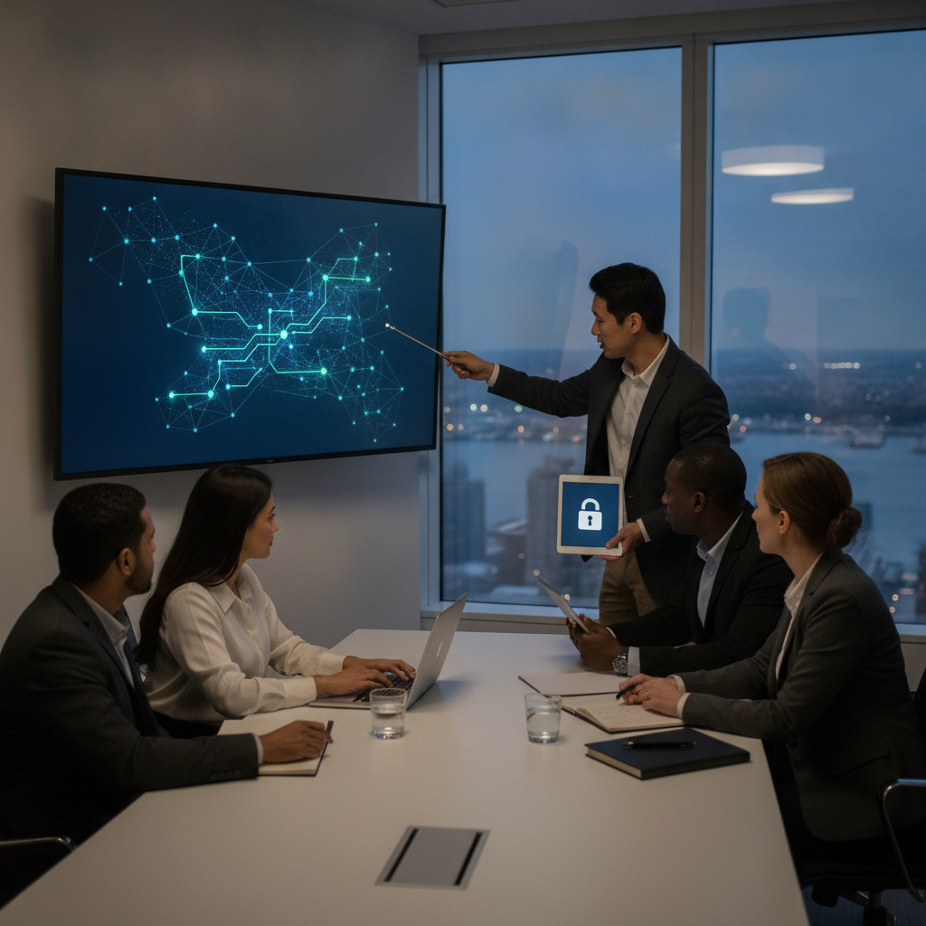 IT security team reviewing an abstract Zero Trust network diagram in a Manhattan office overlooking the river.