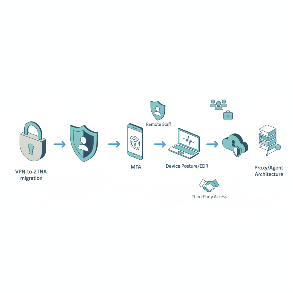Isometric infographic showing ZTNA checklist icons: identity, MFA, device posture, IdP, proxy/agent, VPN-to-ZTNA migration.
