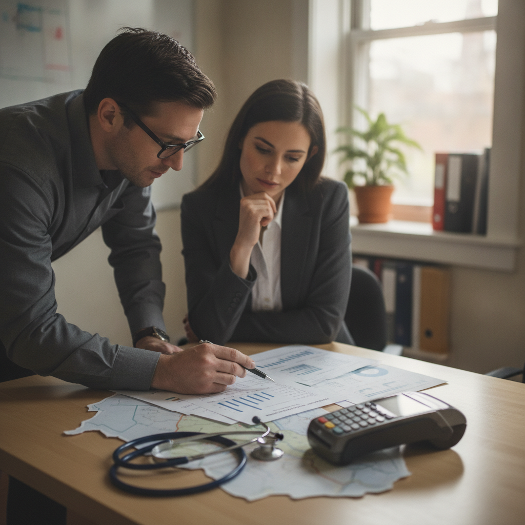 Two IT and compliance leaders reviewing blurred cost charts and a paper NJ/NY map in a small regulated-business conference