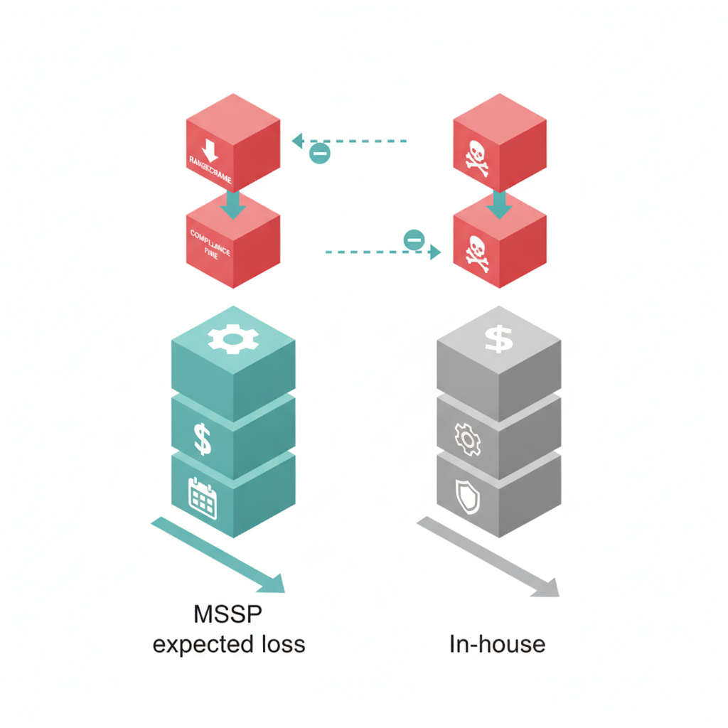Isometric infographic comparing MSSP vs in-house cost stacks with risk blocks and arrows showing reduced expected loss.