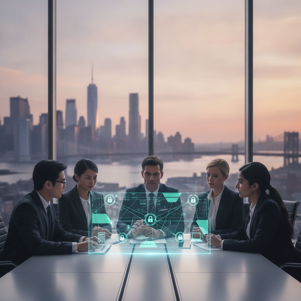 IT and compliance team examining a floating network hologram in a conference room with NYC/NJ skyline.