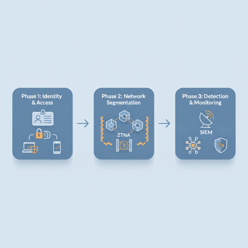 Isometric diagram showing a three‑phase 90‑day Zero Trust rollout: identity, network segmentation, and detection stages.