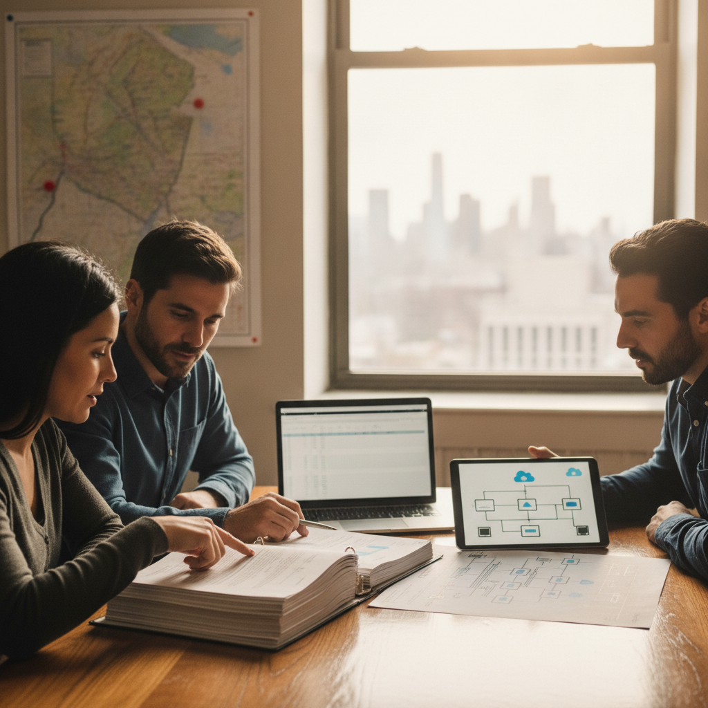 Three professionals at a conference table reviewing an RFP binder with a NJ–NY map on the wall and a laptop nearby.