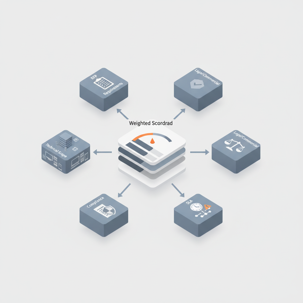 Isometric diagram showing MSSP RFP workflow modules feeding a weighted evaluation scorecard with icons.