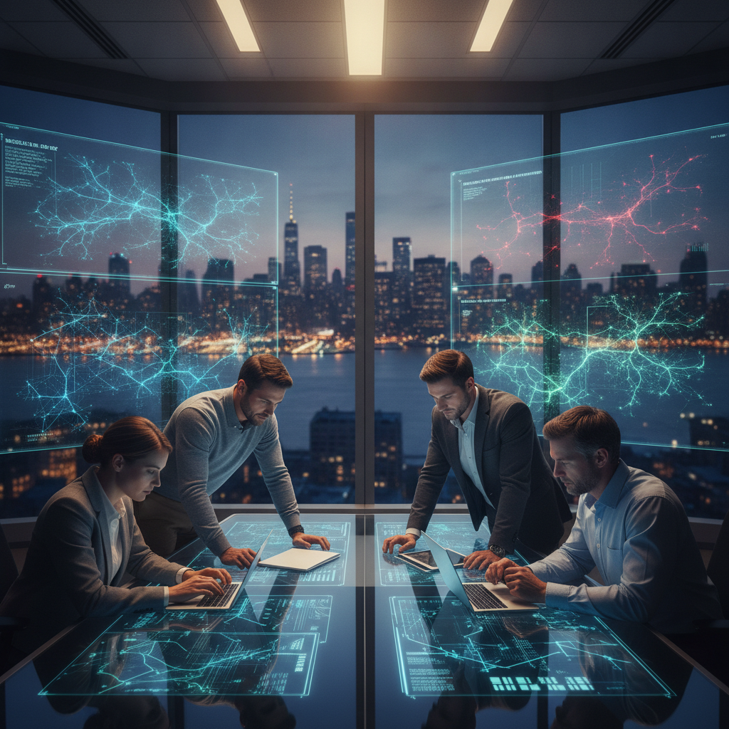 Cybersecurity team analyzing abstract threat maps in a SOC with NY and NJ skylines visible through the window