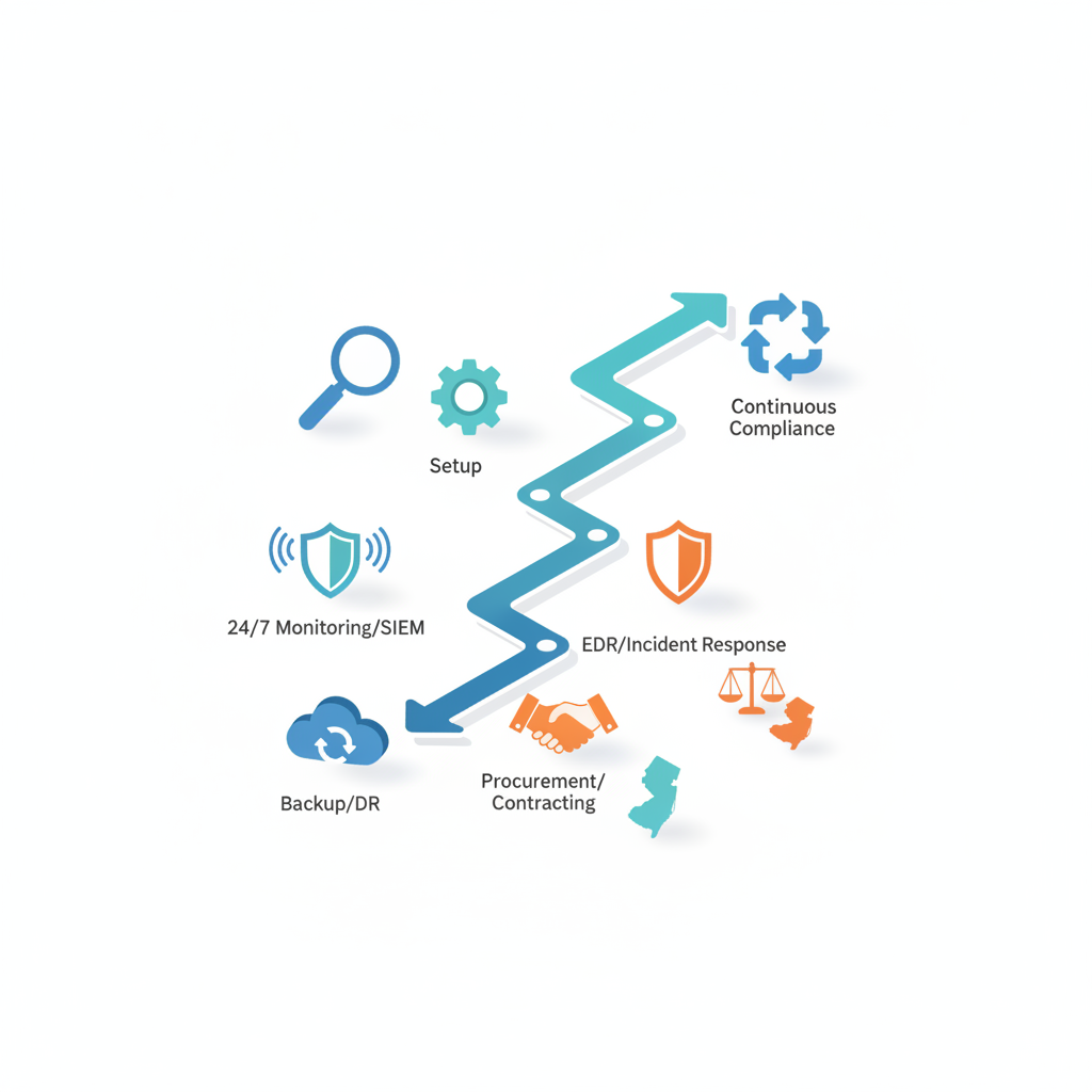 Isometric roadmap diagram showing MSSP compliance steps using icons with NJ and NY state outlines