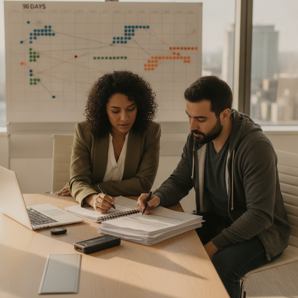 Two professionals reviewing printed cyber-insurance paperwork at a conference table with a 90‑day sticky-note calendar
