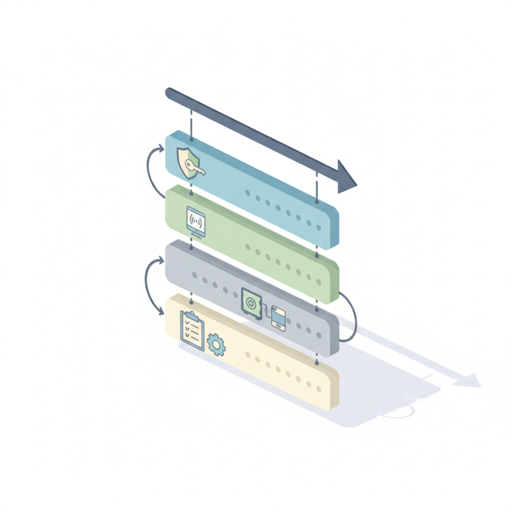 Isometric 90‑day readiness diagram showing layered control icons progressing left to right as a checklist timeline
