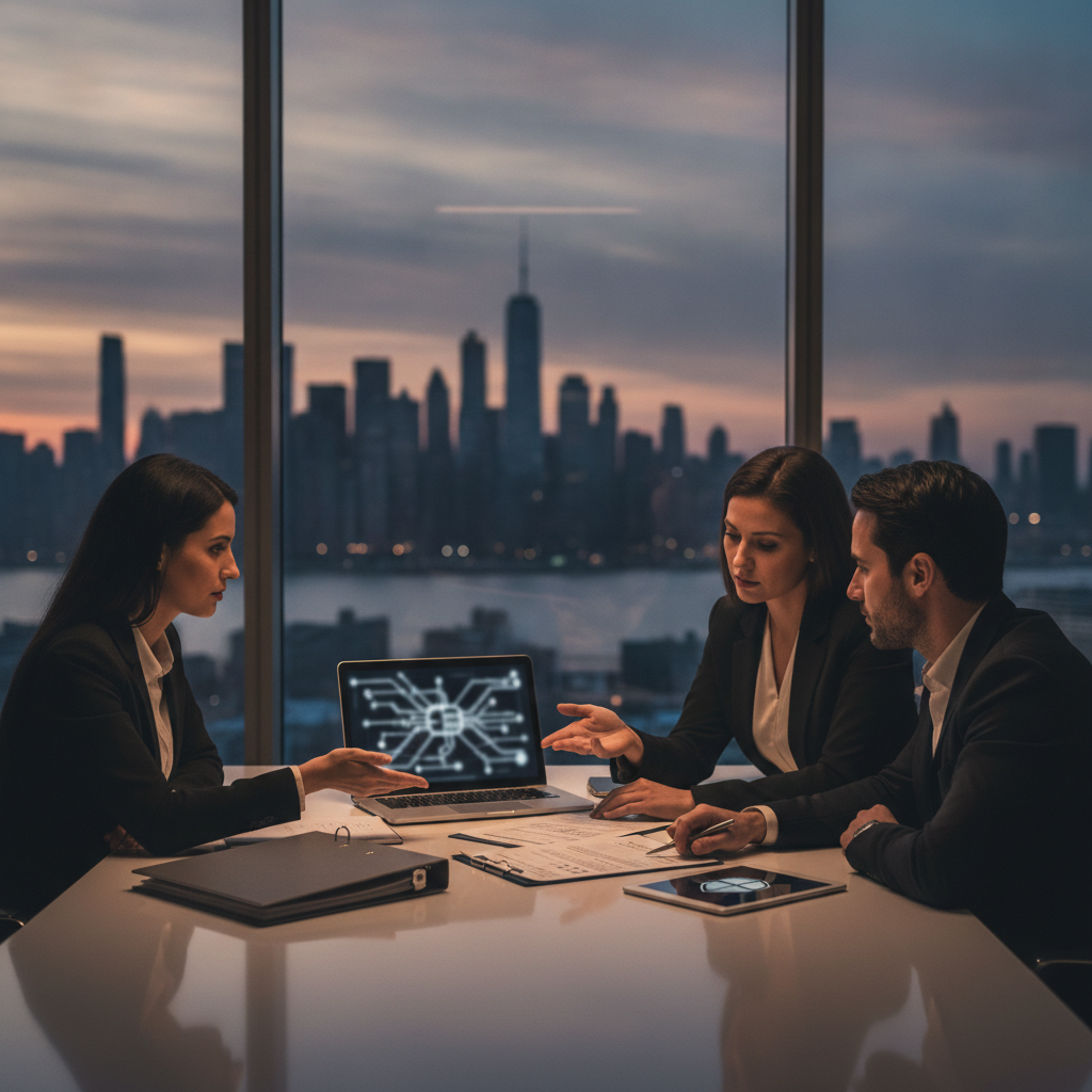 Diverse team reviews cyber-readiness checklist at a conference table with NY skyline visible through glass