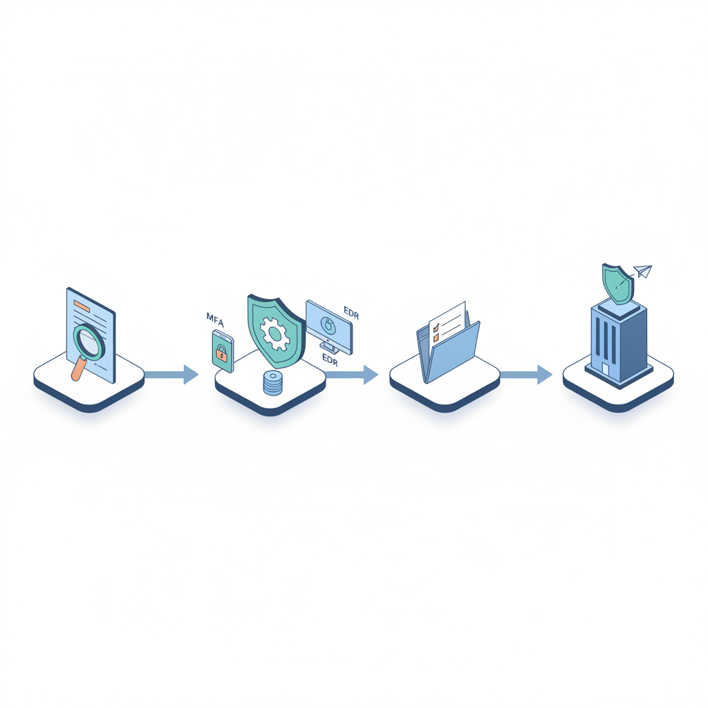 Isometric roadmap diagram showing four linked icons for assessment, controls, documentation and application stages