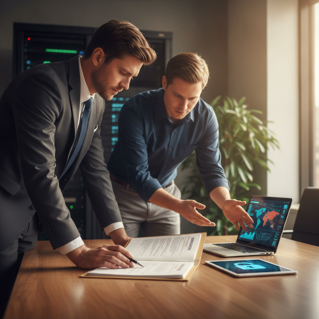 Underwriter and MSP engineer review a cyber policy at a conference table while pointing at a laptop with security telemetry.