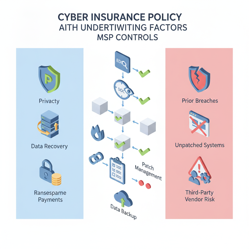 Isometric infographic showing coverage icons vs exclusions icons linked to MSP controls and underwriting green checks and red