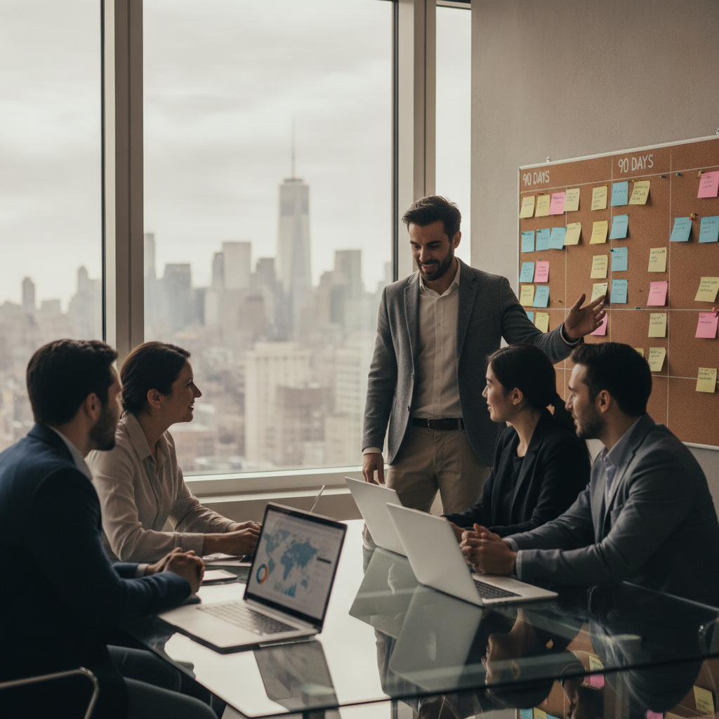 Cybersecurity team reviewing a 90-day readiness timeline in a modern NYC office, pointing at a sticky-note wall.