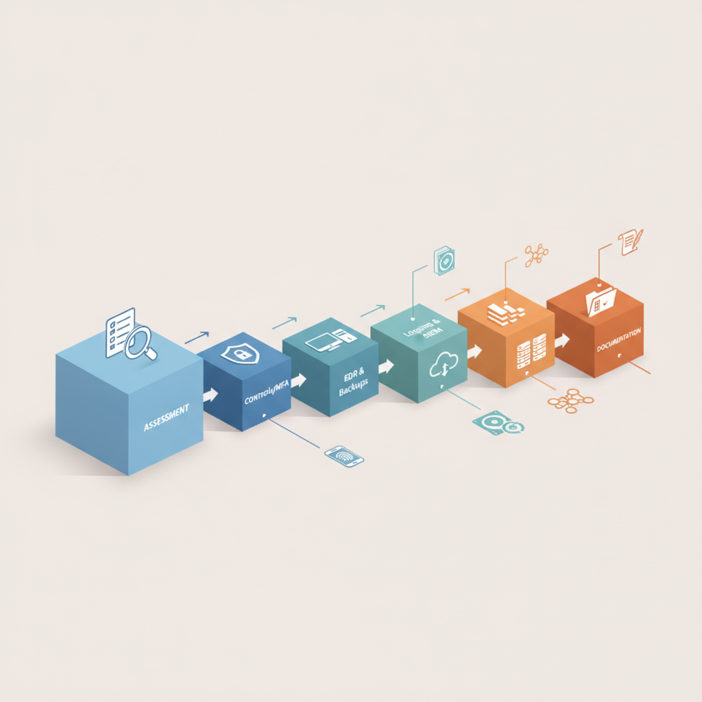 Isometric explanatory diagram of a 90-day cyber insurance readiness timeline with five iconized phases.