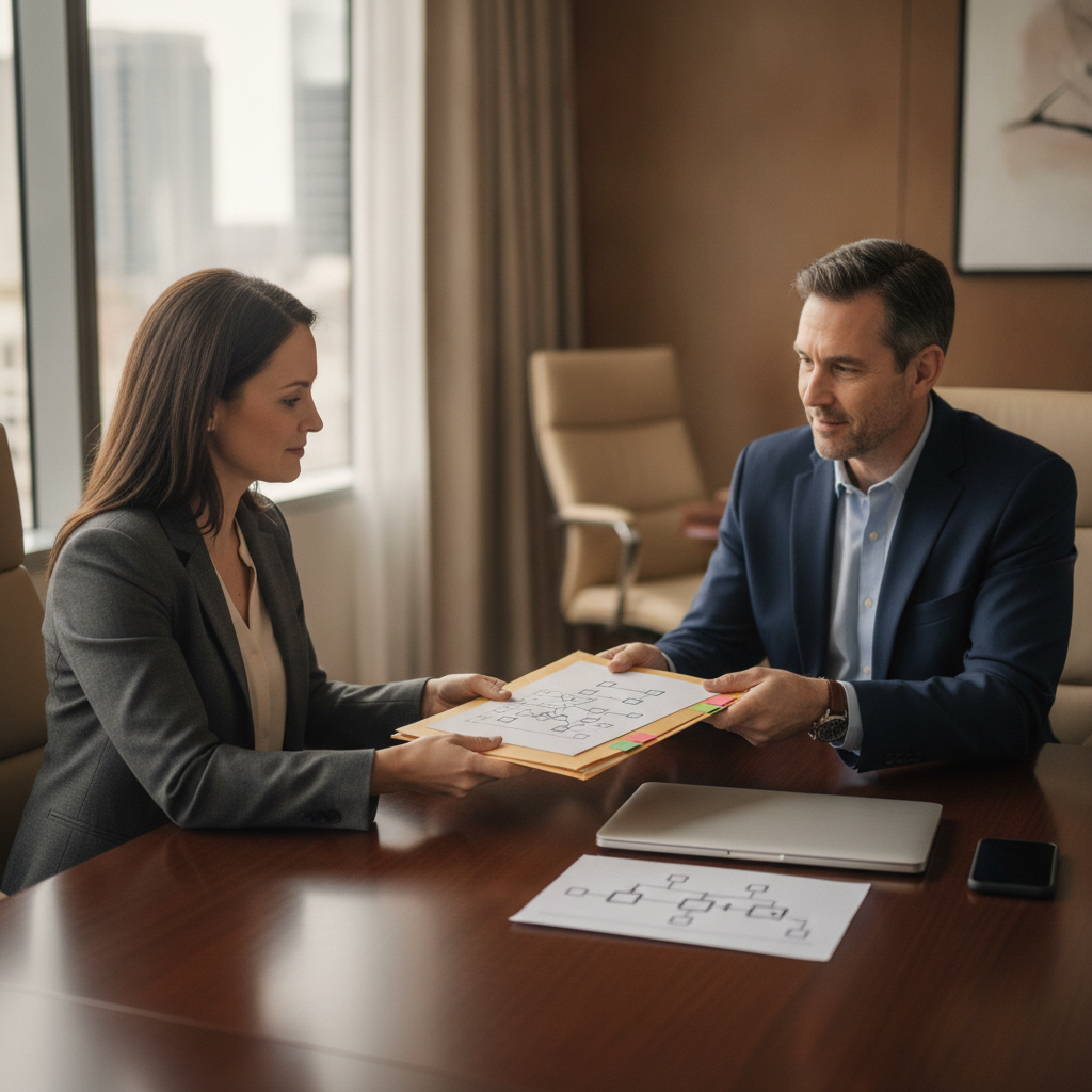 Compliance officer handing a folder to an underwriter across a conference table in a corporate office