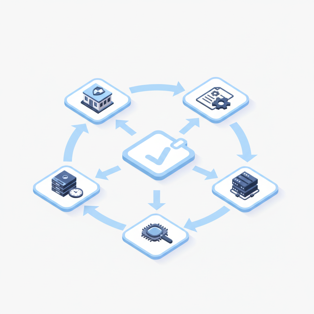 Isometric diagram linking a central checklist icon to six cybersecurity document icons to show documentation flow