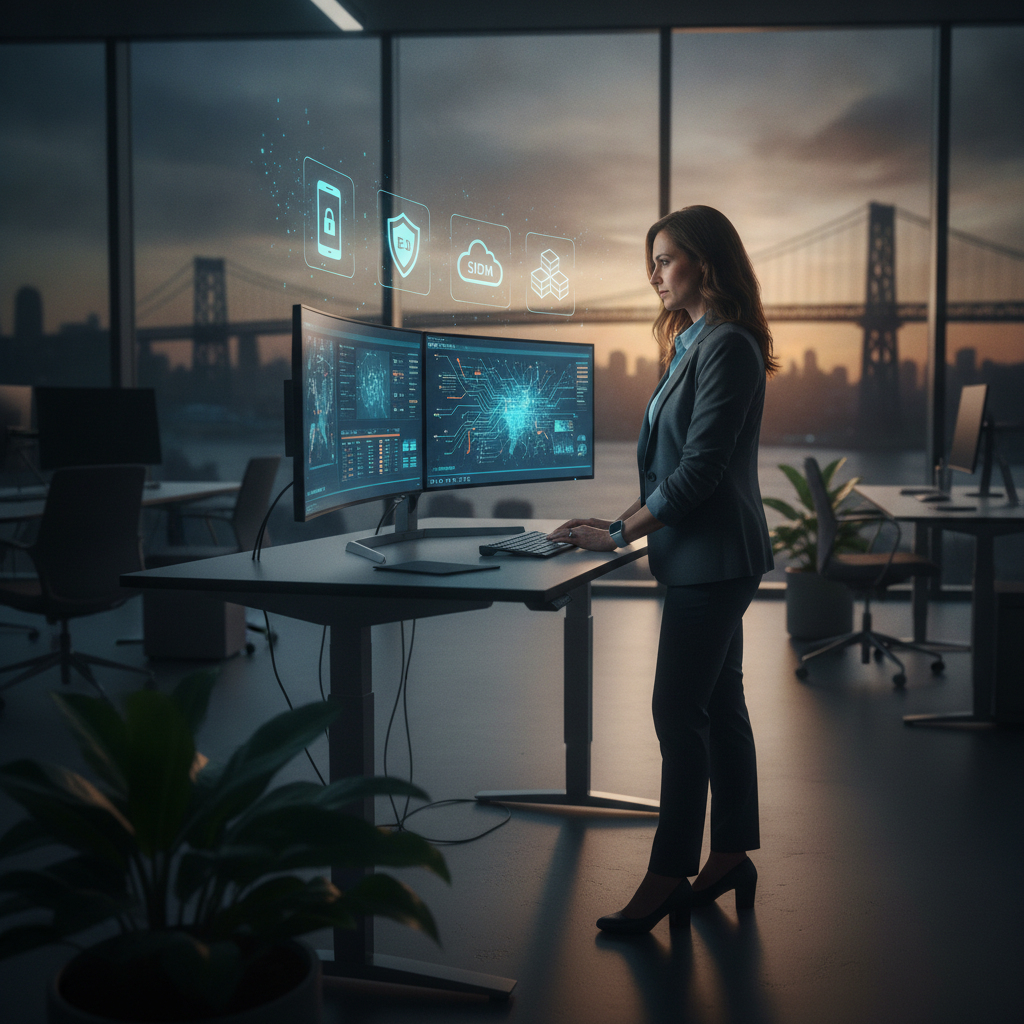Cybersecurity analyst examines abstract security dashboards with NYC skyline seen through a modern office window