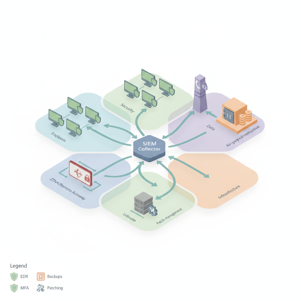 Isometric diagram showing layered cyber-insurance controls: MFA, EDR, air-gapped backups, SIEM, segmented network