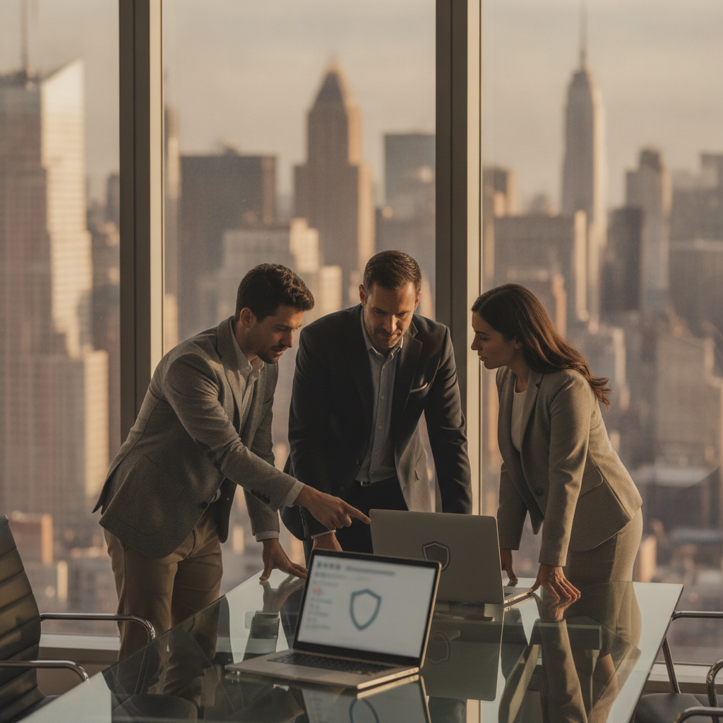 MSP consultant points to a blurred security dashboard while an underwriter and security manager review in a Manhattan office
