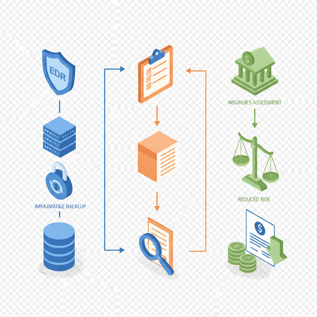 Isometric diagram linking MSP controls to insurer assessment and lowered premiums for NJ and NY regulated firms