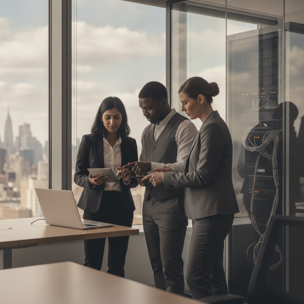 IT manager, MSP technician, and insurance broker review a laptop in a NY office, discussing coverage gaps