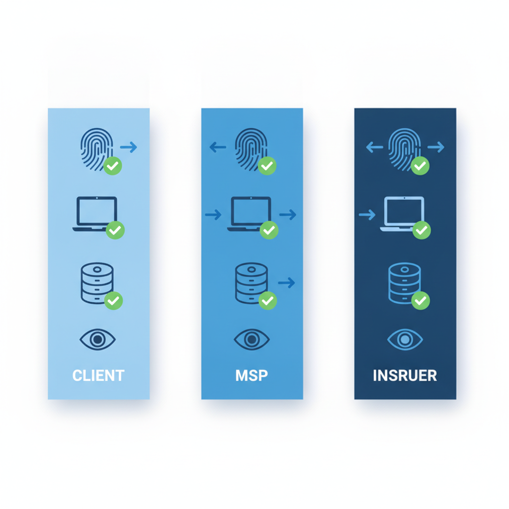 Isometric diagram mapping shared responsibilities among client, MSP, and insurer with icons for identity, endpoints, backups