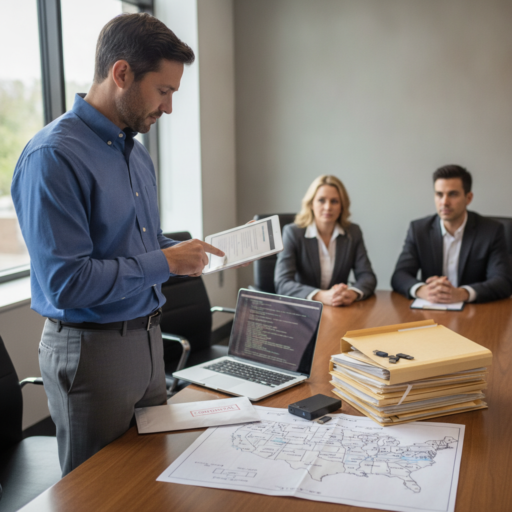 IT manager pointing at a tablet checklist with evidence folders and a printed NJ/NY map in a conference room