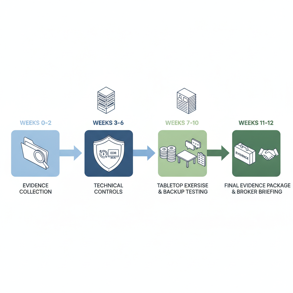 Isometric 90-day roadmap diagram illustrating four phases of cyber insurance readiness for regulated NJ/NY businesses
