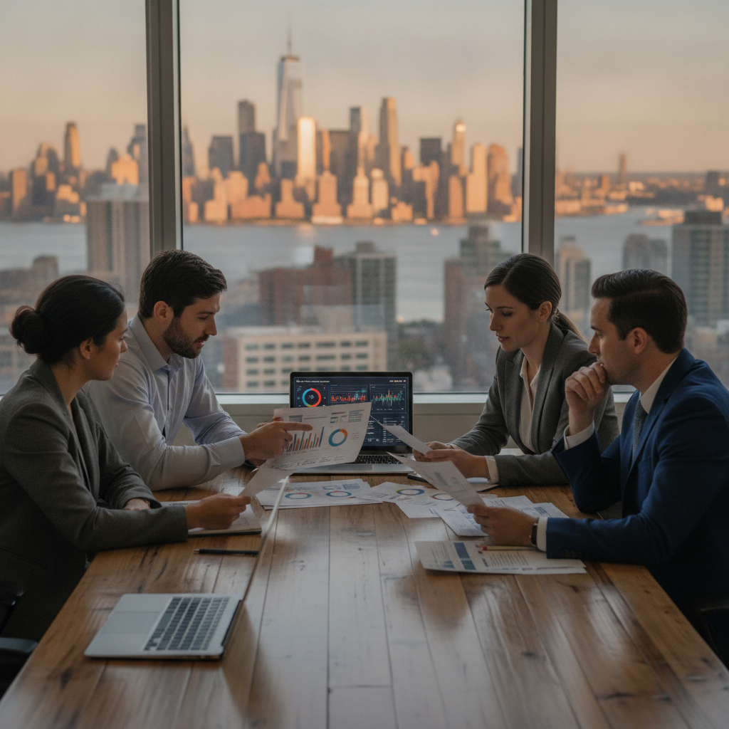 MSP and insurer staff review security dashboards and SOC-style charts in a conference room with NY–NJ skyline visible